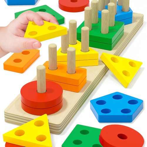 Wooden sorting and stacking toy for toddlers 1-3 years old, color recognition and shape sorter learning puzzle for preschool kids.
