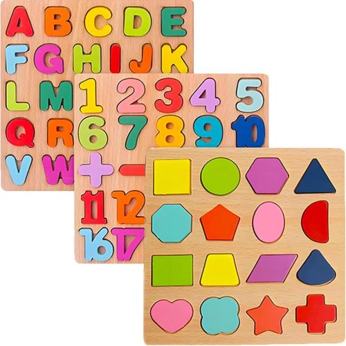 Wooden beads sequencing toy set with stacking blocks, lacing beads and shape stacker, preschool learning toy for kids age 3-5.